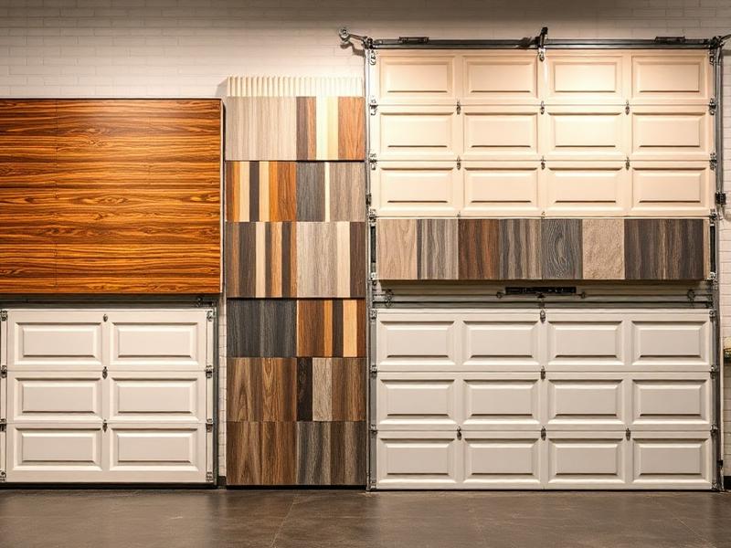 Comparison of different garage door materials and styles showing aluminum, steel, and wood options